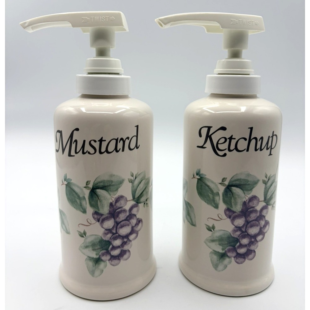 Pfaltzgraff Grape Vine Ketchup Mustard Condiment Dispenser Pumps Set Vintage USA